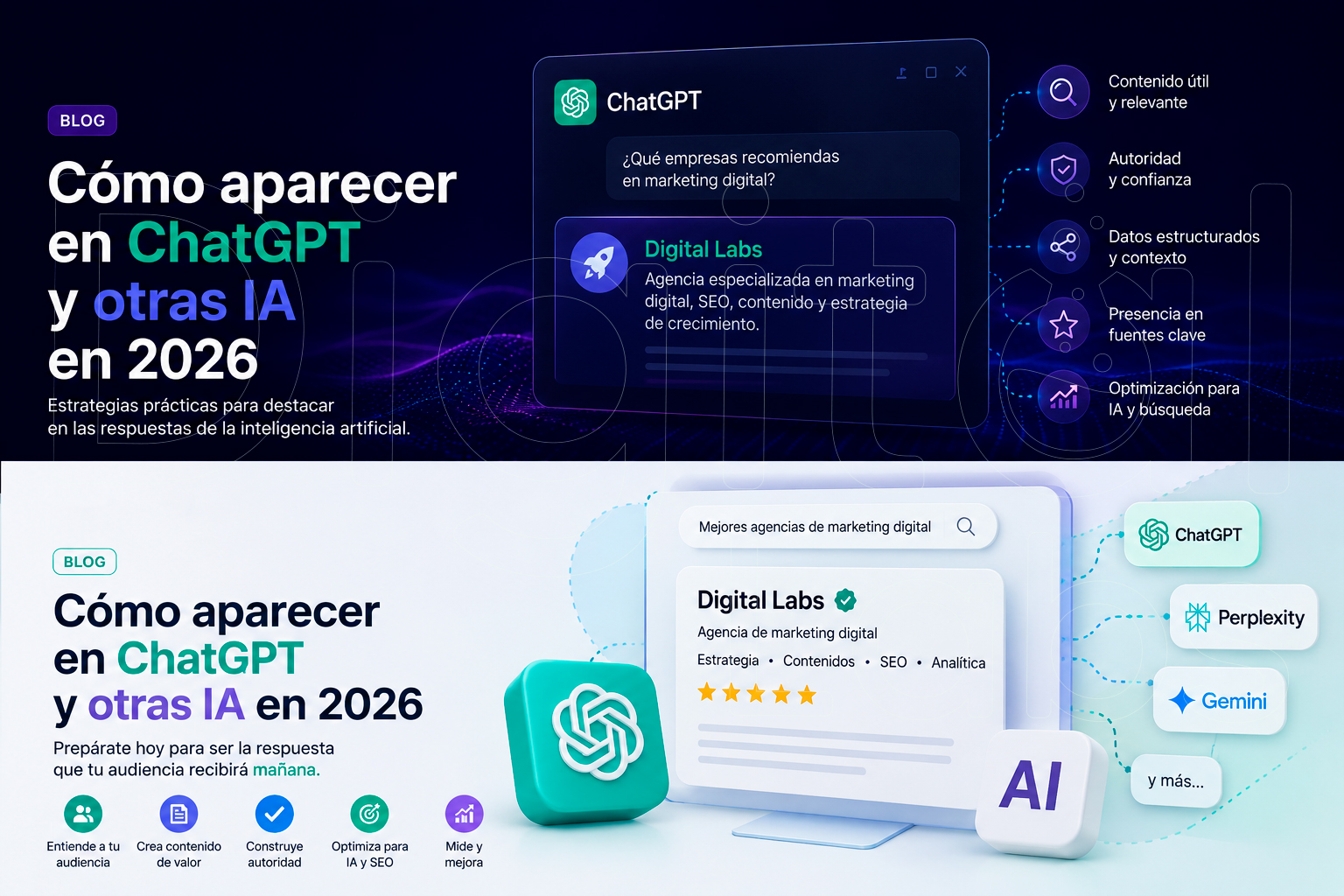 Ilustración digital sobre cómo aparecer en ChatGPT y otras IA en 2026, mostrando estrategias de SEO, contenido de valor, optimización para inteligencia artificial y posicionamiento digital de marcas.